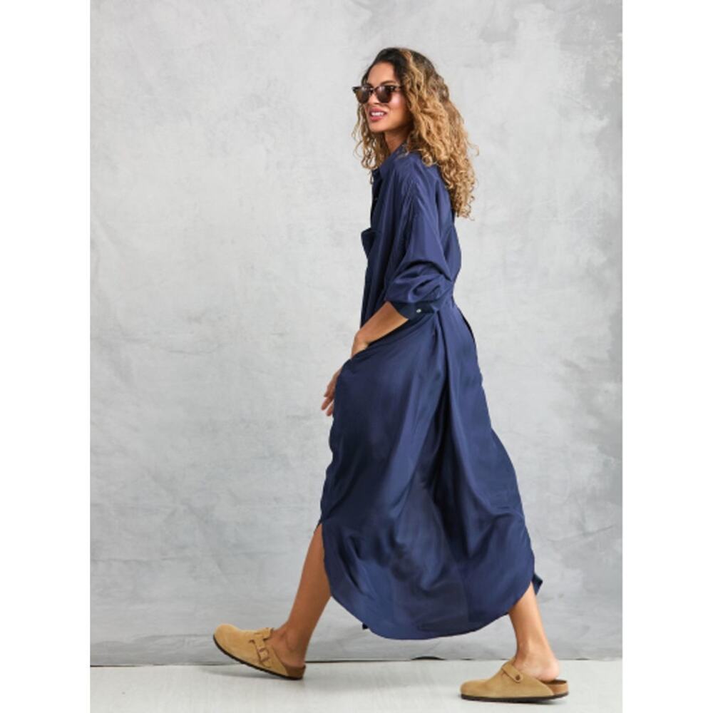 Mamene Phoebe Shirt Dress Silk Blue Long Sleeve Maxi Oversized 1/S - Picture 2 of 12